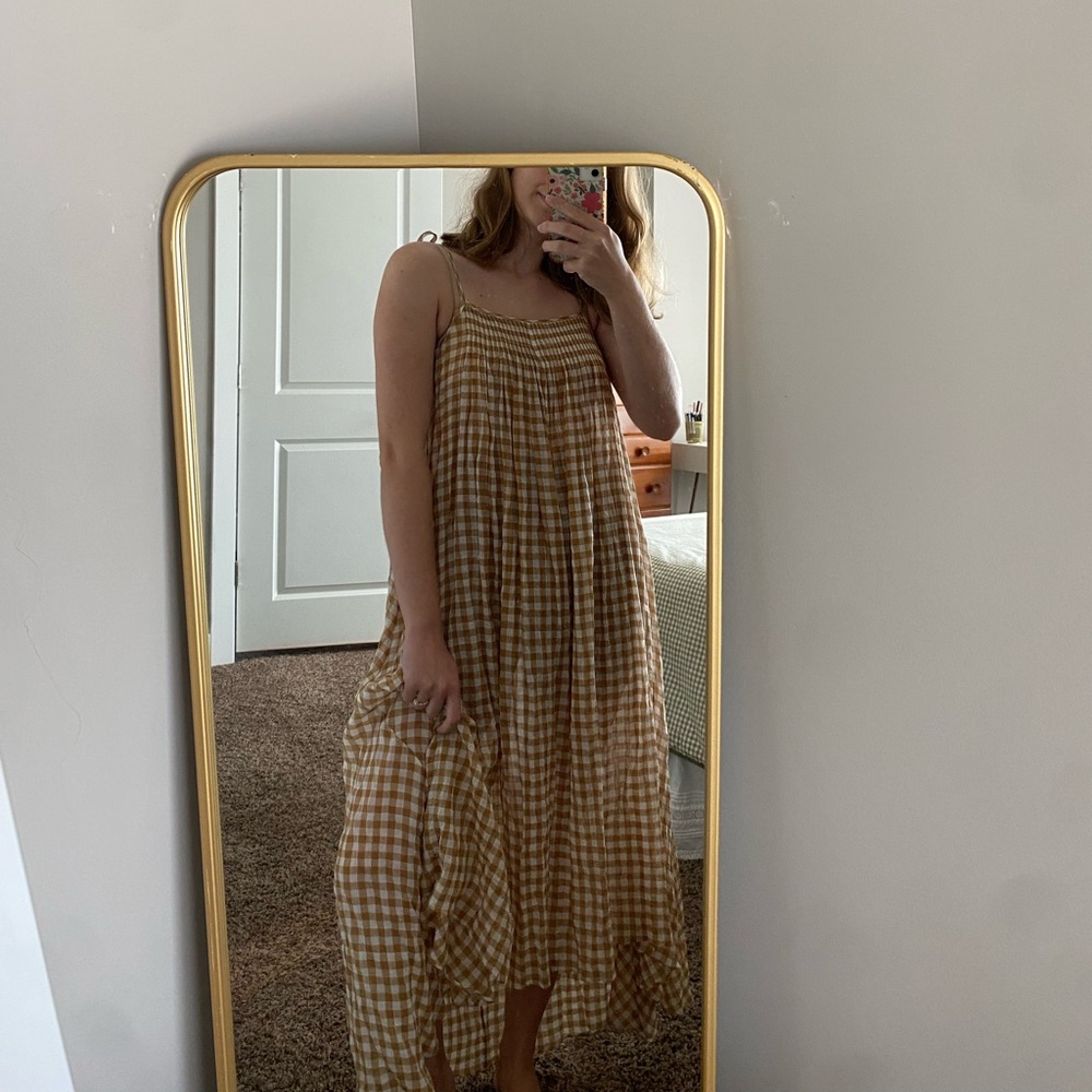 Aerie Tan Gingham Flowy Maxi Dress